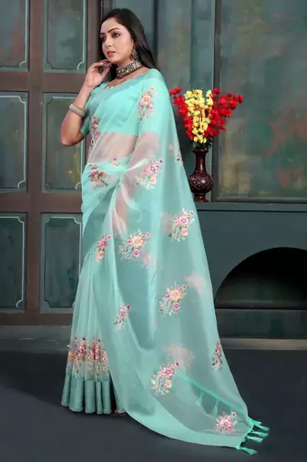 Teal organza embroidered zari woven heavy look ethnic saree with blouse