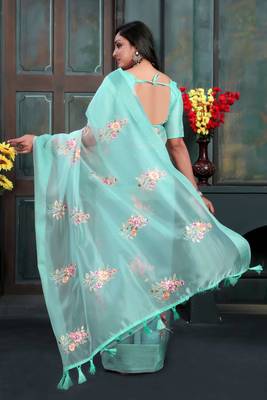 Teal organza embroidered zari woven heavy look ethnic saree with blouse 3