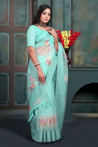 Teal organza embroidered zari woven heavy look ethnic saree with blouse