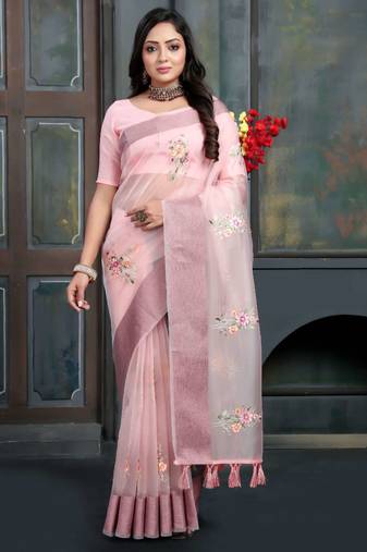 Pink organza embroidered zari woven heavy look ethnic saree with blouse