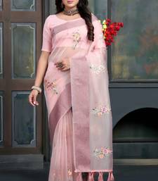 Pink organza embroidered zari woven heavy look ethnic saree with blouse