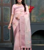 Pink organza embroidered zari woven heavy look ethnic saree with blouse