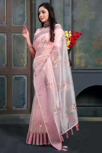 Pink organza embroidered zari woven heavy look ethnic saree with blouse