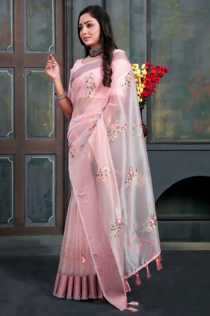 Pink organza embroidered zari woven heavy look ethnic saree with blouse
