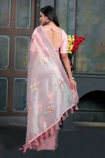 Pink organza embroidered zari woven heavy look ethnic saree with blouse