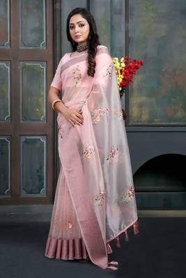 Pink organza embroidered zari woven heavy look ethnic saree with blouse 4