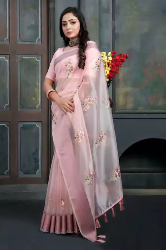 Pink organza embroidered zari woven heavy look ethnic saree with blouse