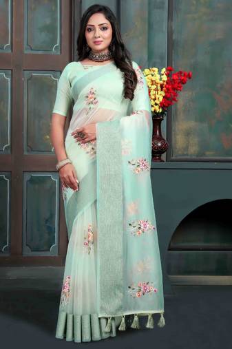 Magenta organza embroidered zari woven heavy look ethnic saree with blouse