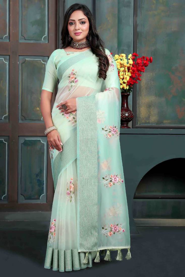 Magenta organza embroidered zari woven heavy look ethnic saree with blouse