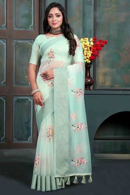 Magenta organza embroidered zari woven heavy look ethnic saree with blouse 1