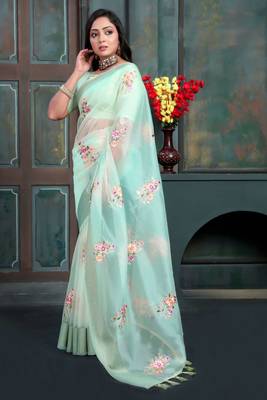 Magenta organza embroidered zari woven heavy look ethnic saree with blouse 2
