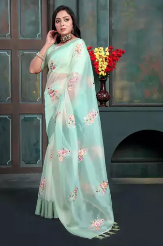 Magenta organza embroidered zari woven heavy look ethnic saree with blouse