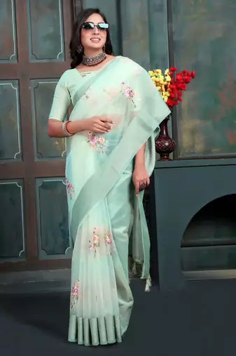 Magenta organza embroidered zari woven heavy look ethnic saree with blouse