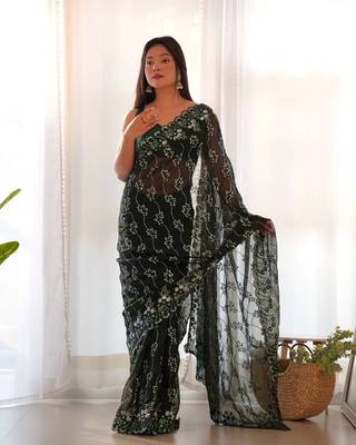 Green shimmer embroidered sequins work heavy look ethnic saree with blouse 1