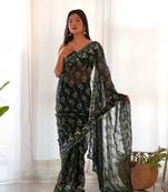 Green shimmer embroidered sequins work heavy look ethnic saree with blouse