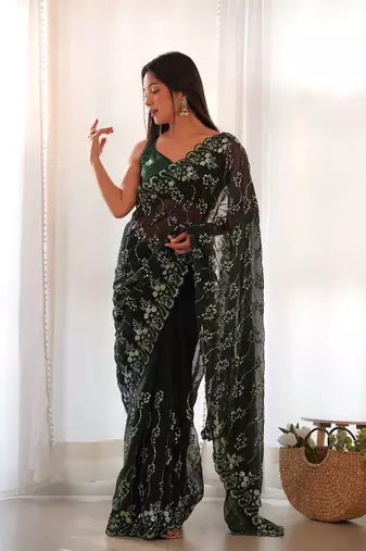 Green shimmer embroidered sequins work heavy look ethnic saree with blouse