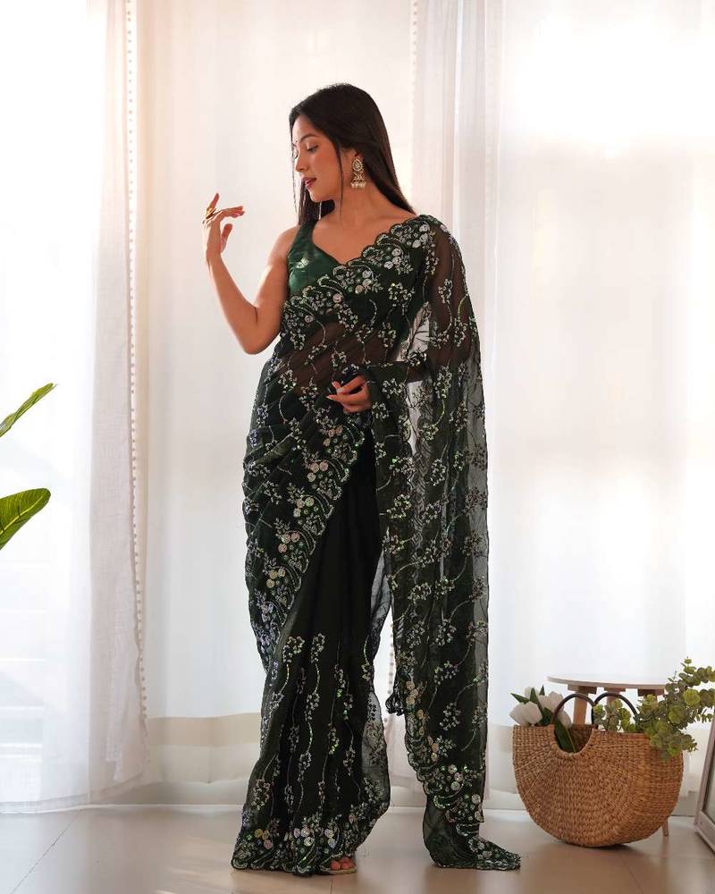Green shimmer embroidered sequins work heavy look ethnic saree with blouse