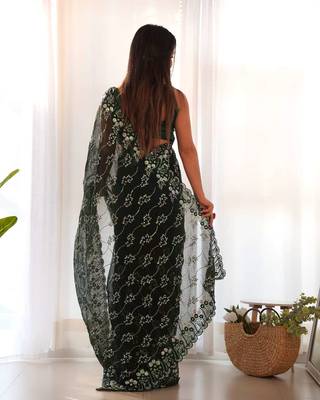 Green shimmer embroidered sequins work heavy look ethnic saree with blouse 3