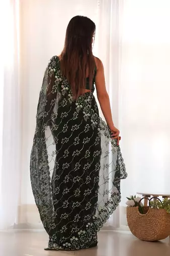 Green shimmer embroidered sequins work heavy look ethnic saree with blouse