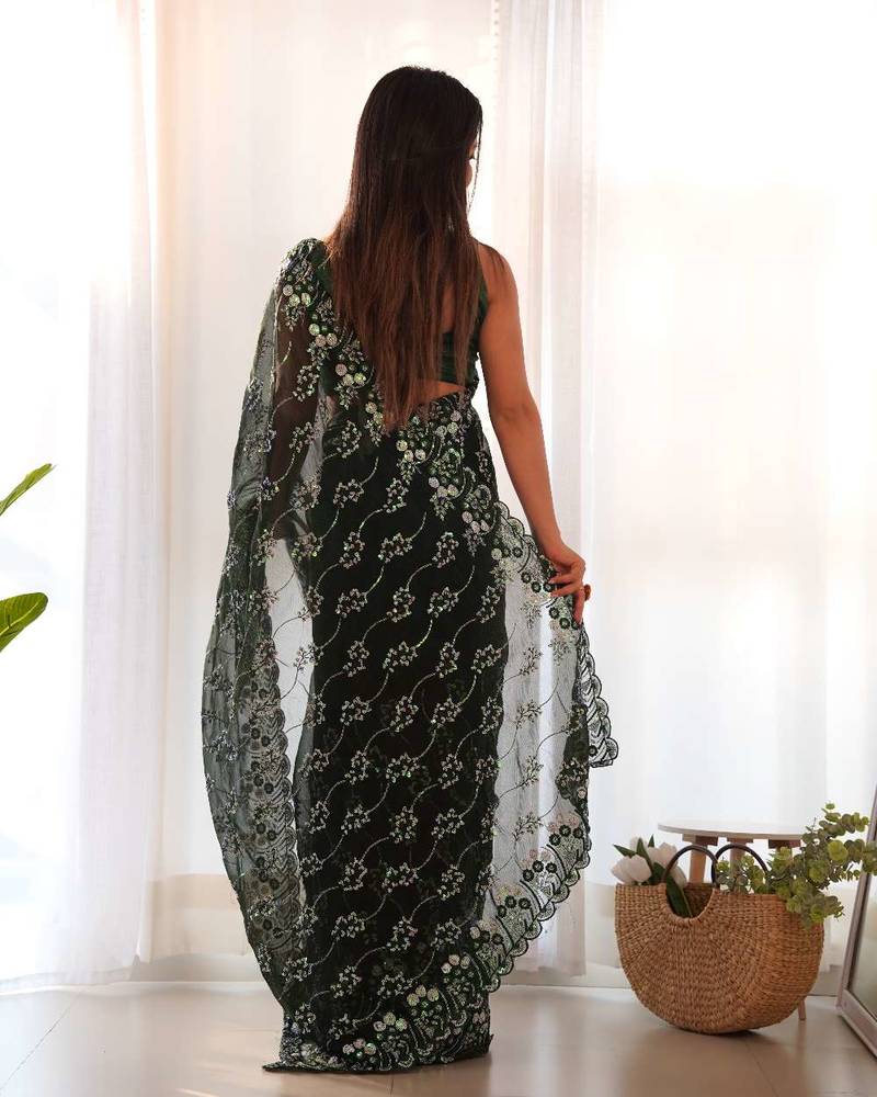 Green shimmer embroidered sequins work heavy look ethnic saree with blouse