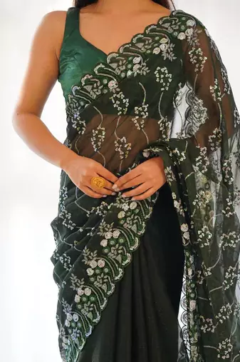 Green shimmer embroidered sequins work heavy look ethnic saree with blouse