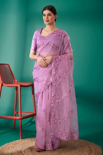 Purple organza embroidered sequins work heavy look ethnic saree with blouse