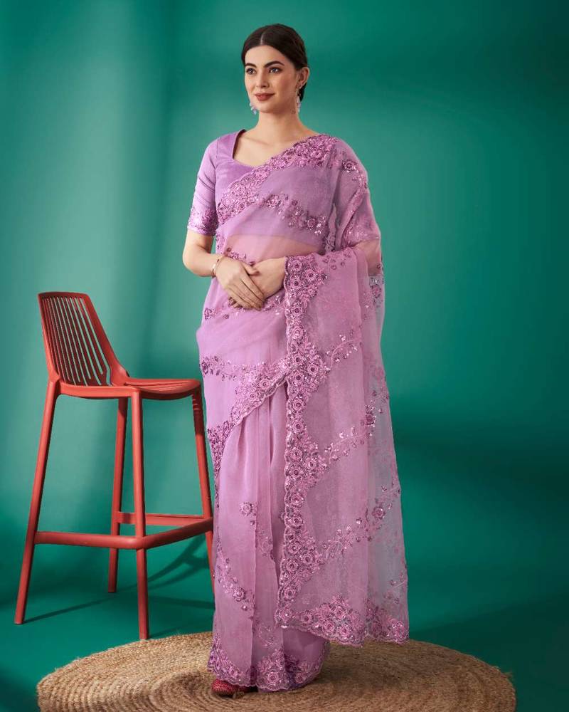 Purple organza embroidered sequins work heavy look ethnic saree with blouse