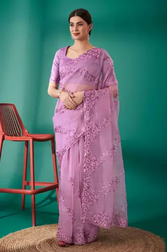 Purple organza embroidered sequins work heavy look ethnic saree with blouse