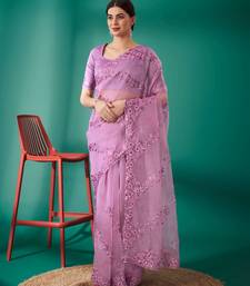 Purple organza embroidered sequins work heavy look ethnic saree with blouse