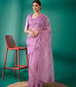 Purple organza embroidered sequins work heavy look ethnic saree with blouse