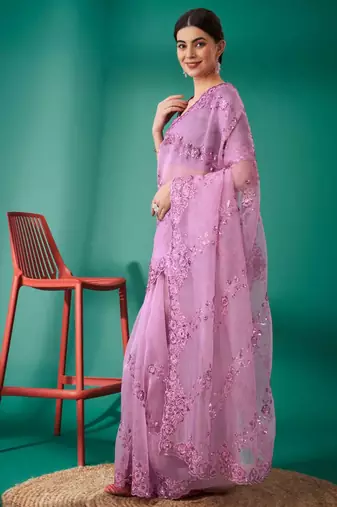 Purple organza embroidered sequins work heavy look ethnic saree with blouse