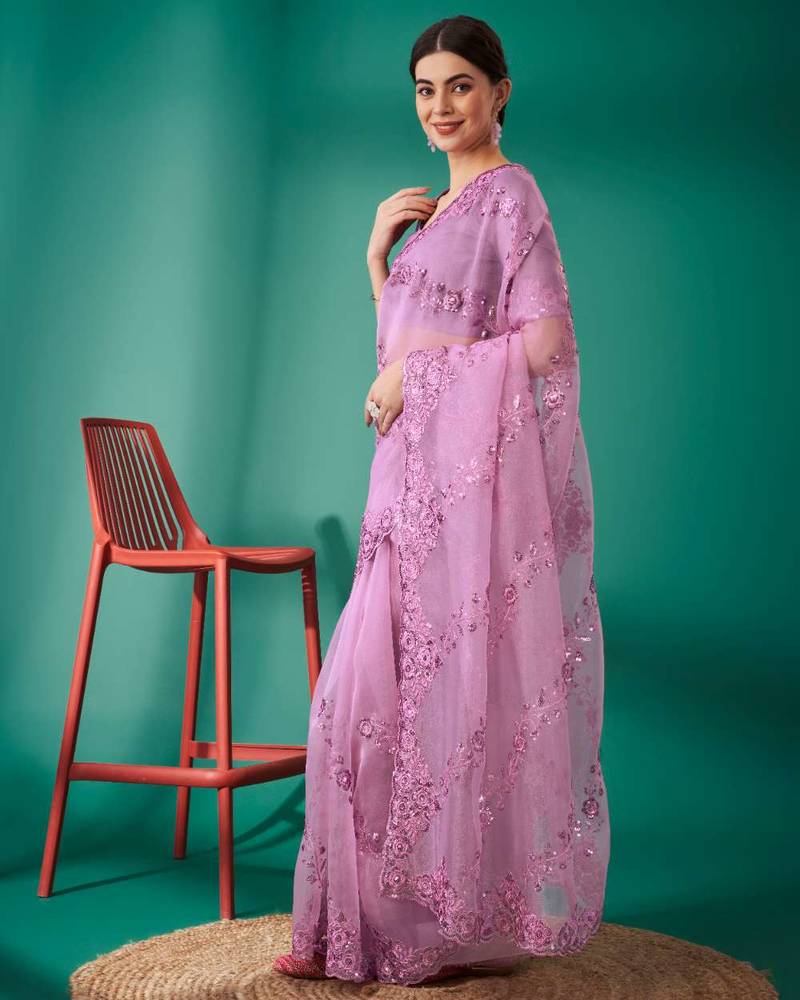 Purple organza embroidered sequins work heavy look ethnic saree with blouse