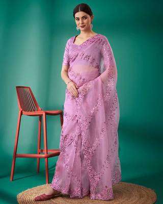 Purple organza embroidered sequins work heavy look ethnic saree with blouse 3