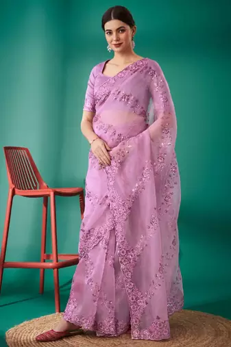 Purple organza embroidered sequins work heavy look ethnic saree with blouse