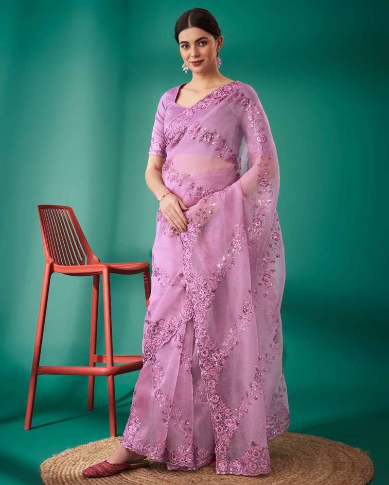 Purple organza embroidered sequins work heavy look ethnic saree with blouse