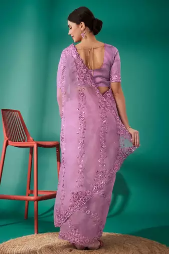 Purple organza embroidered sequins work heavy look ethnic saree with blouse