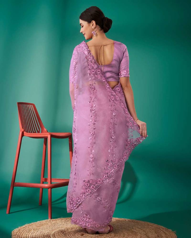 Purple organza embroidered sequins work heavy look ethnic saree with blouse
