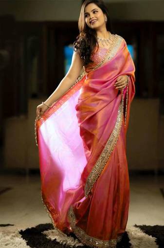 Pink tissue embroidered zari work heavy look ethnic saree with blouse