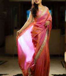 Pink tissue embroidered zari work heavy look ethnic saree with blouse