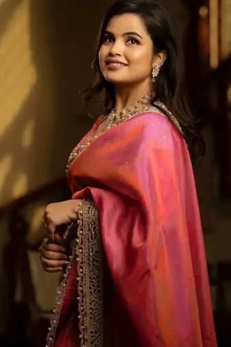 Pink tissue embroidered zari work heavy look ethnic saree with blouse