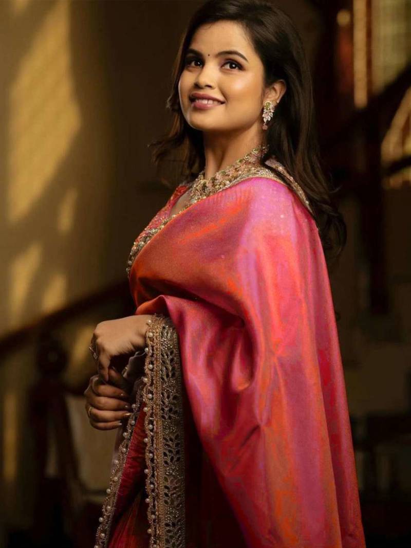 Pink tissue embroidered zari work heavy look ethnic saree with blouse