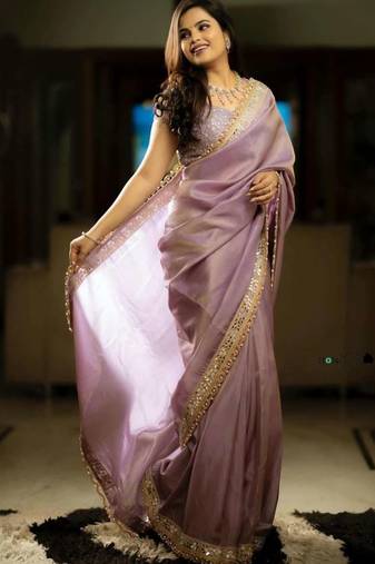 Lavender tissue embroidered zari work heavy look ethnic saree with blouse