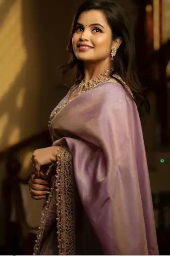 Lavender tissue embroidered zari work heavy look ethnic saree with blouse
