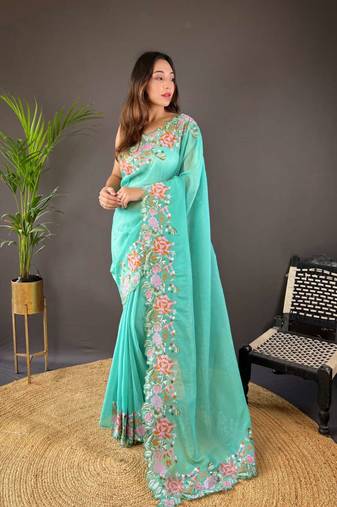 Turquoise silk embroidered thread work heavy look ethnic saree with blouse