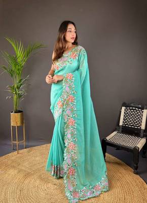 Turquoise silk embroidered thread work heavy look ethnic saree with blouse 1