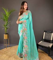 Turquoise silk embroidered thread work heavy look ethnic saree with blouse
