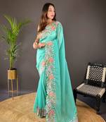 Turquoise silk embroidered thread work heavy look ethnic saree with blouse