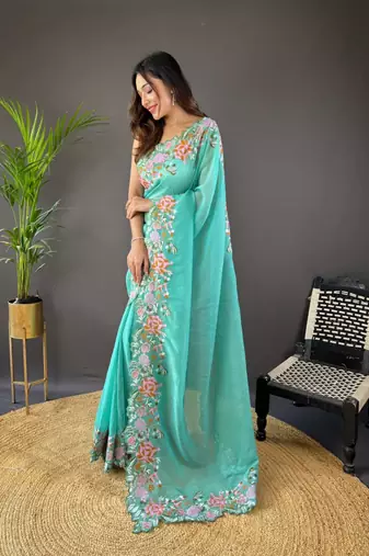 Turquoise silk embroidered thread work heavy look ethnic saree with blouse