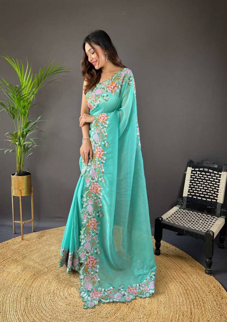 Turquoise silk embroidered thread work heavy look ethnic saree with blouse