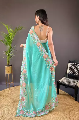Turquoise silk embroidered thread work heavy look ethnic saree with blouse
